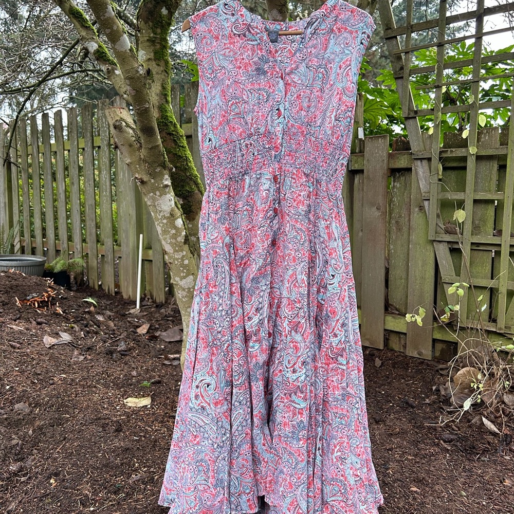 Chelsea & Theodore dress pink paisley super flared skirt, smocked waistband Sz L